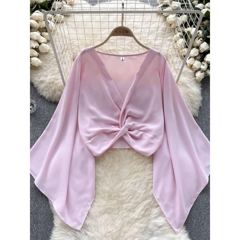 Niche Style V-neck Knot Flared Chiffon Long Sleeves Shirt