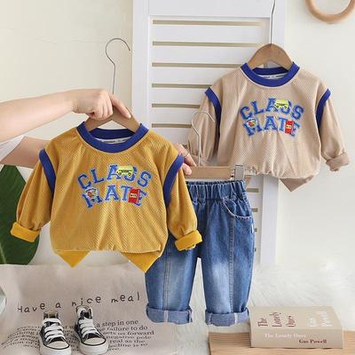 0-5-year-old Boy's Long Sleeved Suit, Children's Round Neck English Printed Hoodie+denim Pants, Handsome Clothes for Children