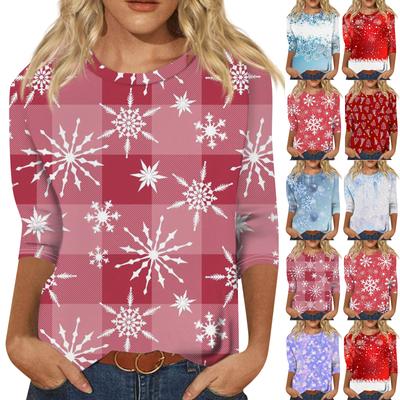 Women's Fashion Casual Seven Sleeve Christmas Printed Round Neck Top