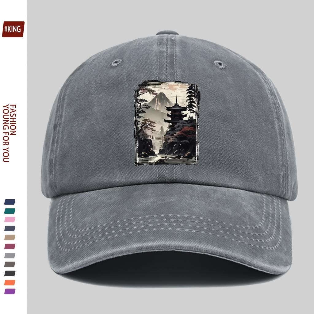 Japanese Pagoda Mountain Print Washed Baseball Cap Unisex Cotton Adjustable Curved Brim Outdoor Golf Hat