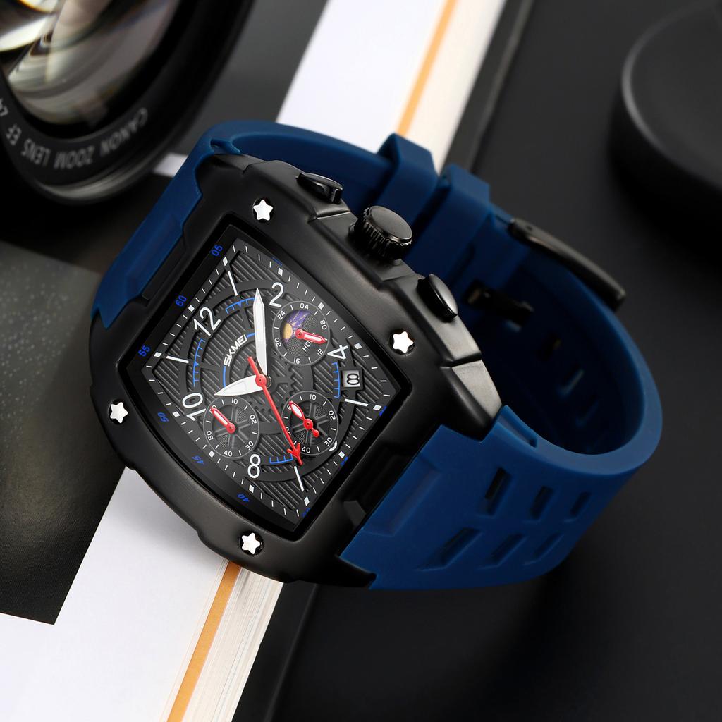 Quartz Men Watch Tonneau Stainless Steel Shell Sport Wristwatch Fashion Black Silicone Type Mille Relojes