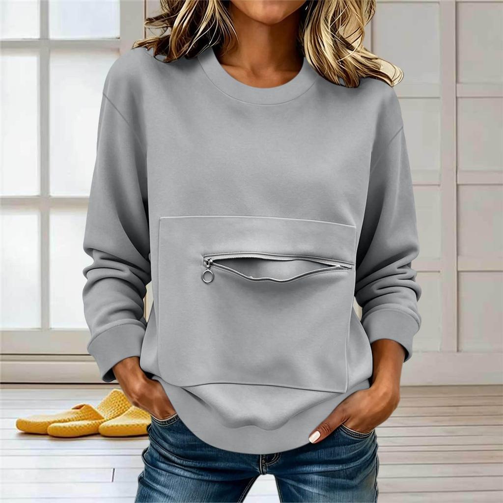 Women's Long Sleeve Crew Neck Sweatshirt with Front Zipper Pocket Casual Pullover Lightweight Comfortable Fit