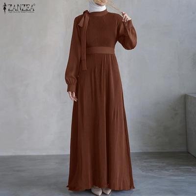 Women Casual Round Neck Loose Long Sleeve Pleated Long Dress