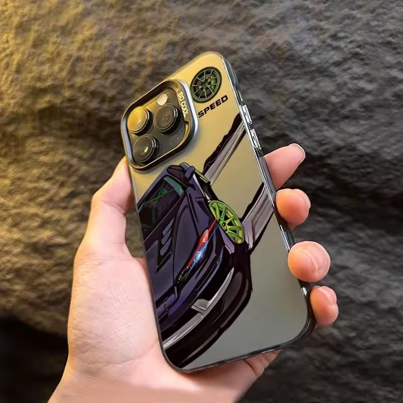 Fashionable car print anti-drop phone case for iPhone 16 13 14 11 12 15 plus 16 Pro Max X XR Xs colored silver IMD hard cover