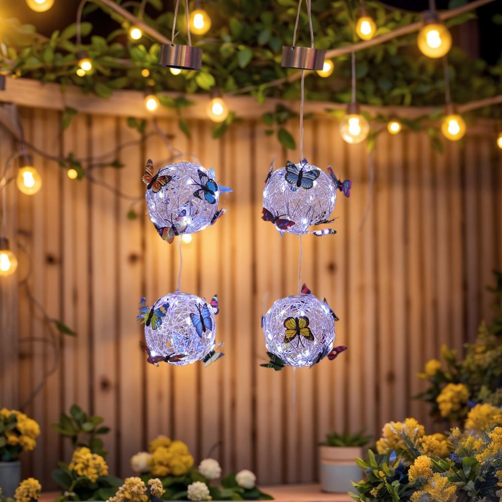 Colorful Butterfly Solar Globe Light Hanging Outdoor Lantern Vibrant Butterfly Floral Design Solar Powered Garden Patio Decor