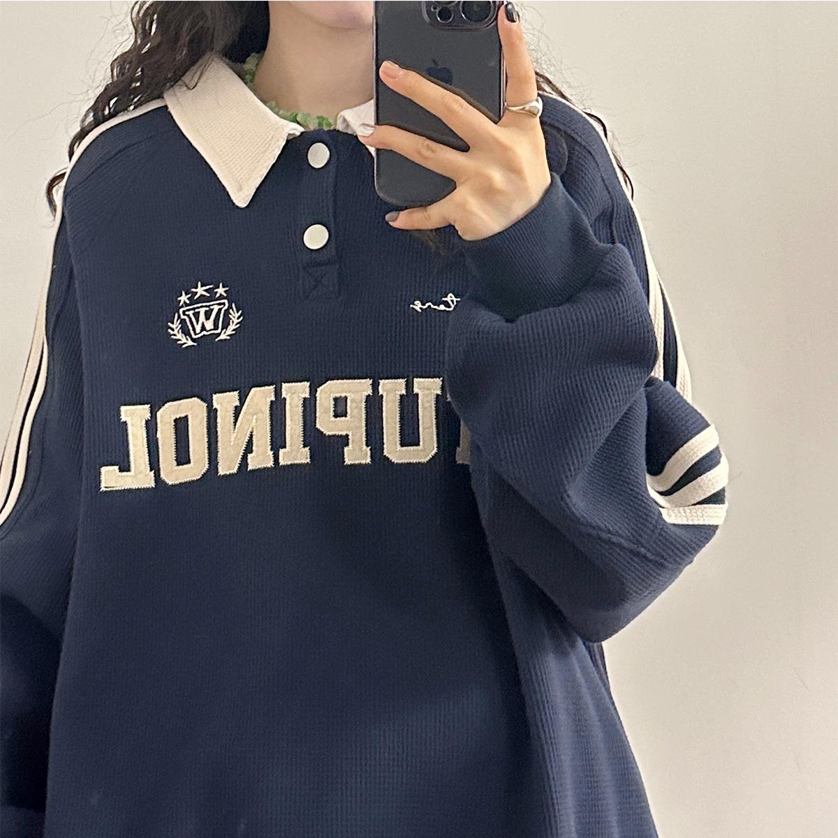 

2025 Loose American Retro Trend Polo Collar Long Sleeve Pullover Sweatshirt M [up to 100 lbs] темно-синий