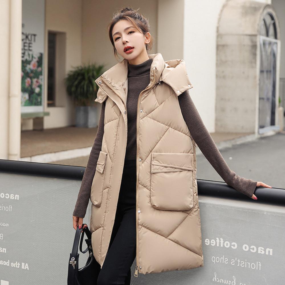 Winter new medium and long large pocket vest thickened hooded vest jacket cotton vest women's trend