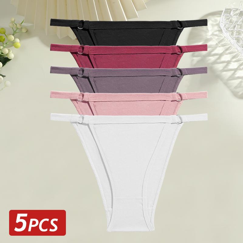 5PCS/Set Women Cotton Briefs Sexy Low Rise Panties Metal Ring Hollow Breathable Underwear Solid Color Comfortable Lingerie M-2XL