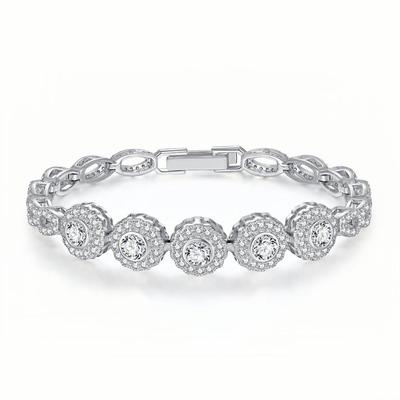 Bransoletka z okrągłym kwiatem o pięciu płatkach, elegancka, platerowana rodem, z błyszczącymi kamieniami cyrkonii