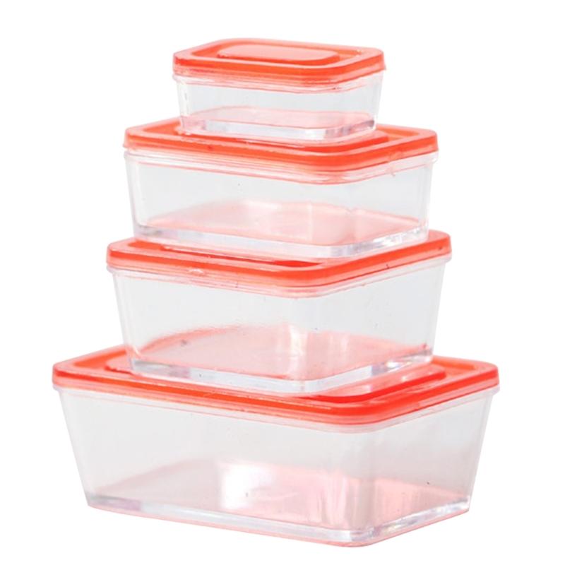 4pcs 1:12 Dollhouse Miniature Lunch Box Fresh Keeping Box Model Dollhouse Accessories Mini Kitchen Tableware Decoration красный