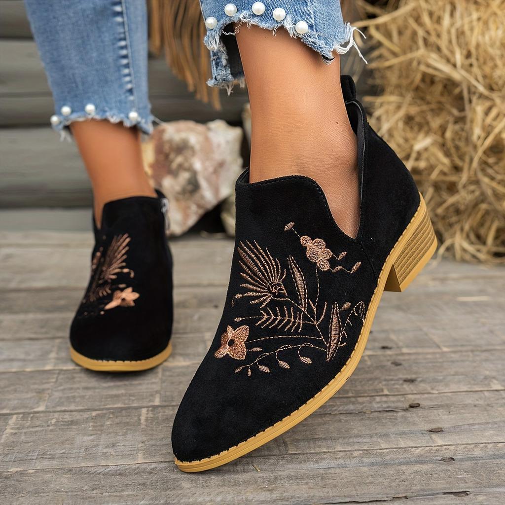 UMIK Women'S Vintage Embroidered Ankle Boots - Pointed Toe Low Heel with Side Zipper, Breathable Cut-Out Design, Lightweight Fabric Upper
