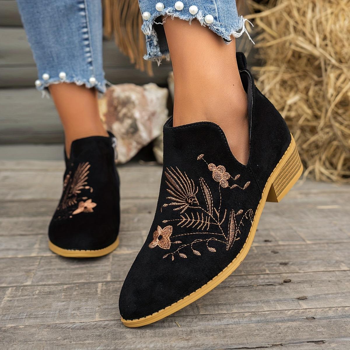 

Женские винтажные вышитые ботильоны - Острый носок, Низкий каблук, Боковая молния, Дышащий перфорированный дизайн, Легкий текстильный верх и подошва из ТПР 36 чёрный