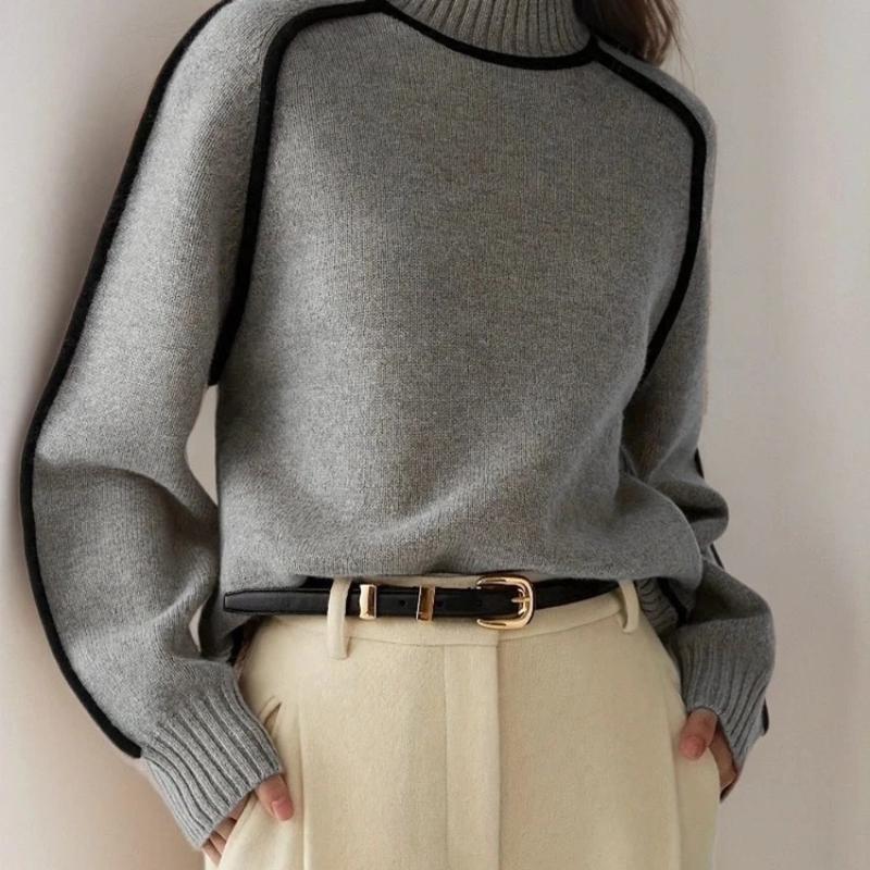 

Осень-зима мода новый свободный пуловер женский элегантный вязаный полувысокий воротник длинный рукав топы элегантный сращивание пригородный стиль теплый свитер 2XL светло-серый