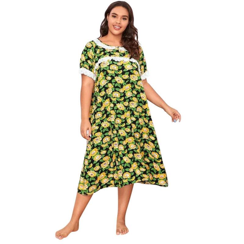 Yaz kadın Yuvarlak Boyun Loungewear Gevşek Yumuşak ve Rahat Pijama Uzun Elbise Baskılı Dantel Patchwork Kısa Kollu Ev Gecelik