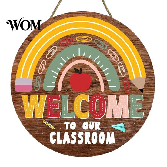 Farmhouse Classroom Sign Wooden Welcome for Door, to Our Round Smooth Surface Door Plaque Hanger, Front Hanging Sign, Back School Preschool Decoration