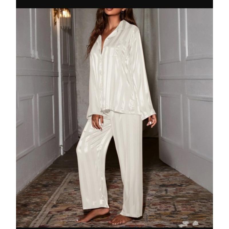 

Жіноча піжама в смужку Однотонна піжама з французького шовкового атласу Набір із двох частин Зручна домашня піжама XXL білий