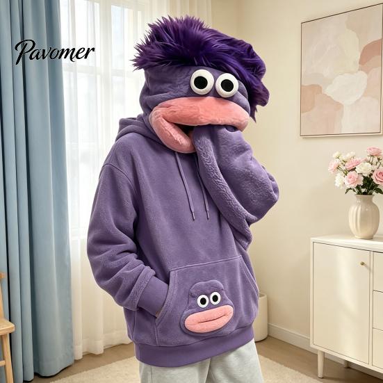 Unisex Pullover Top Big Mouth Creature Flannel Hoodie with Comb, Men Women Oversized Hooded Hoodies Sweatshirt, Thickened Plush Casual for Fall Winter