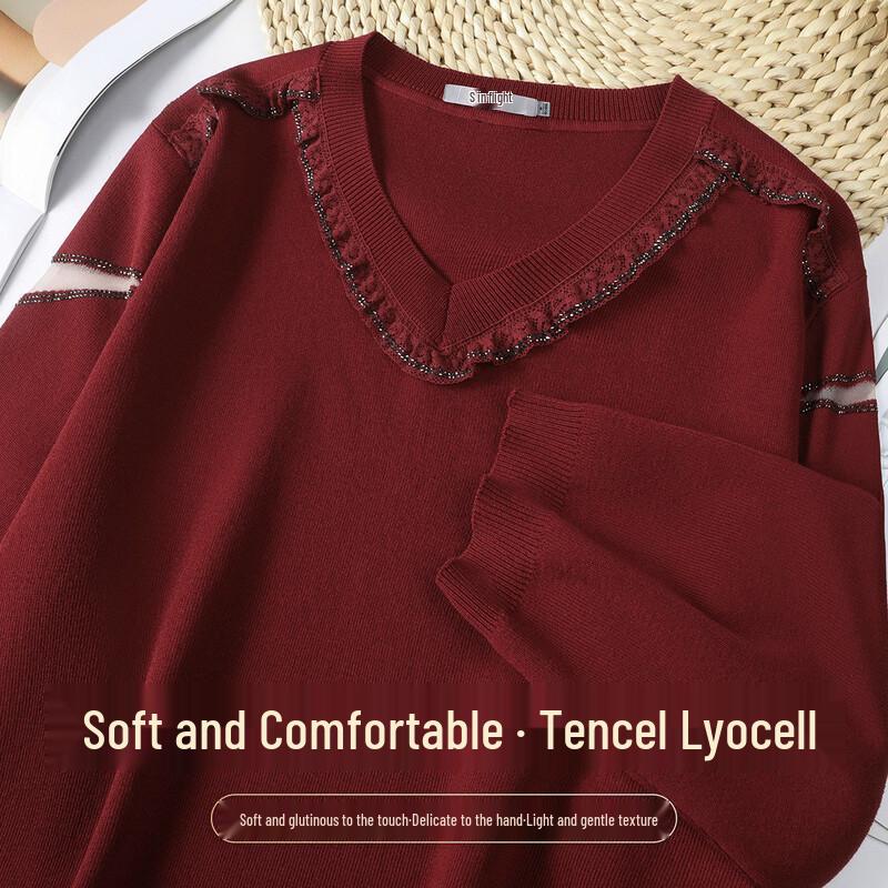 SNOWFLYING Women s Lyocell Lace Rhinestone V-Neck Knit Top M