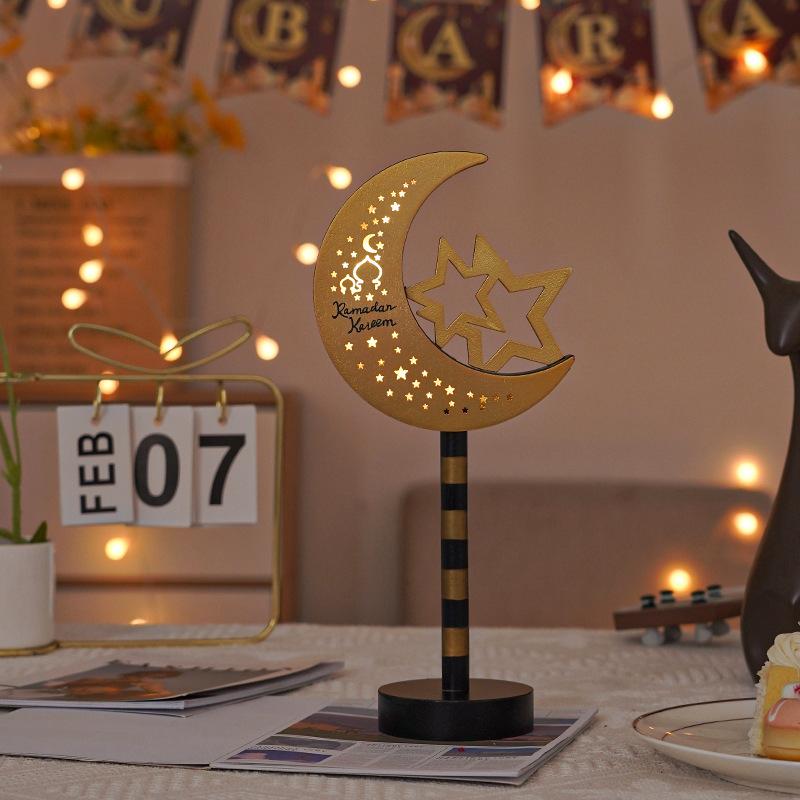 EID Mubarak Wooden Ornaments Moon LED Lights, Ramadan Lamp, Islam Muslim Event Party, Home Table Decoration, Kareem Gifts, 2025