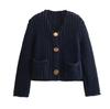 Women's Solid Color Single Breasted Double Pocket Cropped Chunky Knit Cardigan Jacket Sweater