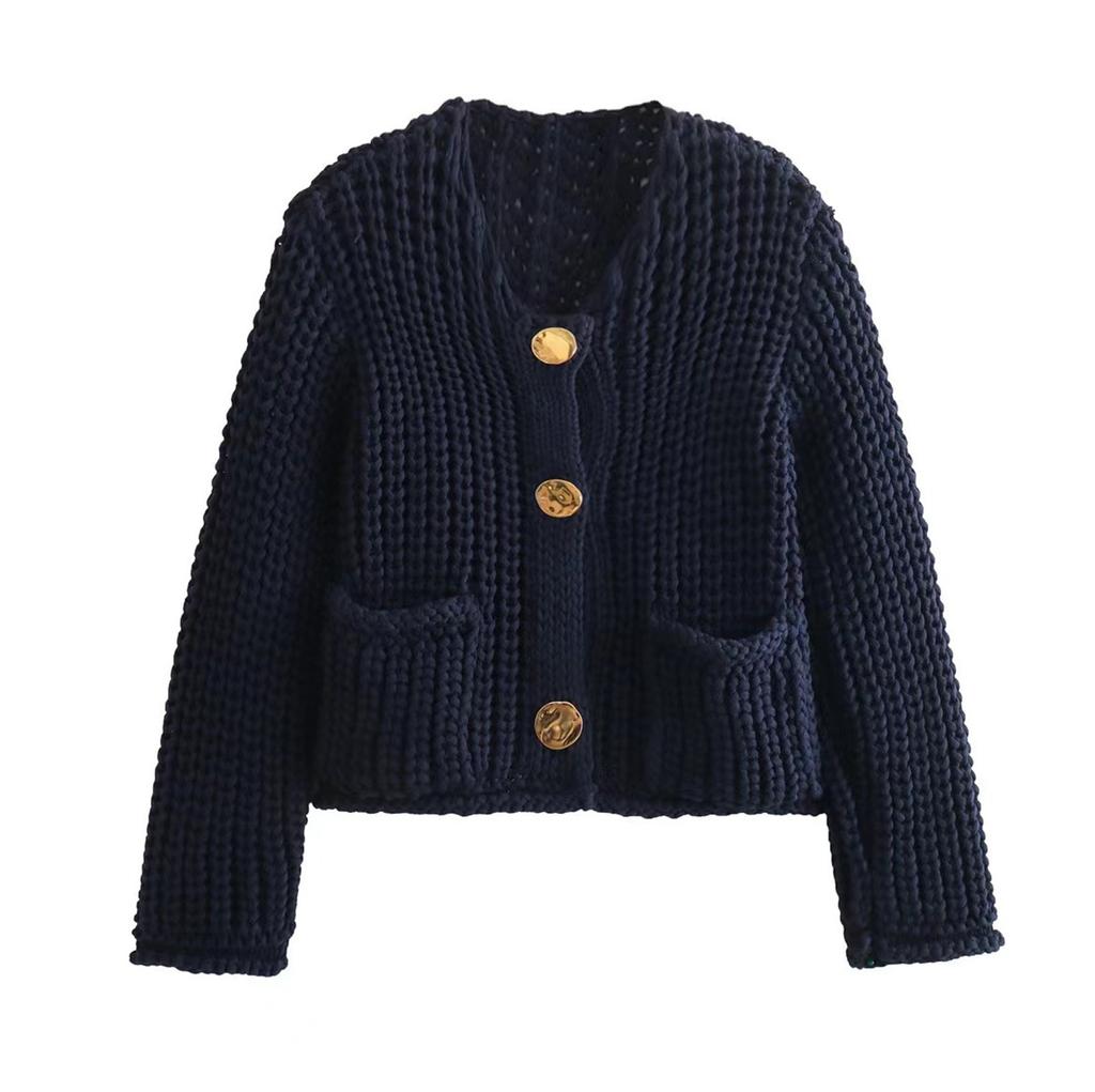 Women's Solid Color Single Breasted Double Pocket Cropped Chunky Knit Cardigan Jacket Sweater