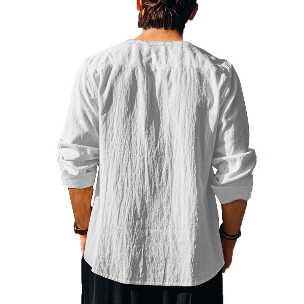 Herbst Langarm Locker Geschnitten Mit Bindung Vorne V-Ausschnitt Herren Einfarbig Baumwolle-Leinen Strandhemd