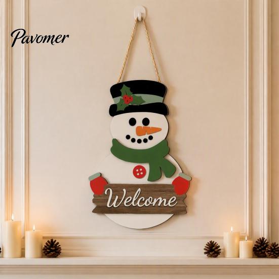 Vintage Style Xmas Sign Christmas 2D Wooden Welcome Hanging Sign, Cartoon Santa Snowman Tree Winter Seasonal Home Ornament Door Hanger with Rope, Wall