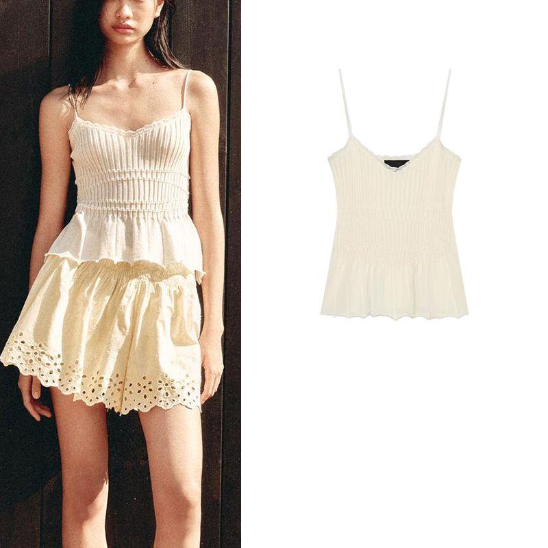 Summer New Product Women's Clothes Minimalist Lace Trim Rib V-neck Strap Casual Knitting Tops 0014018