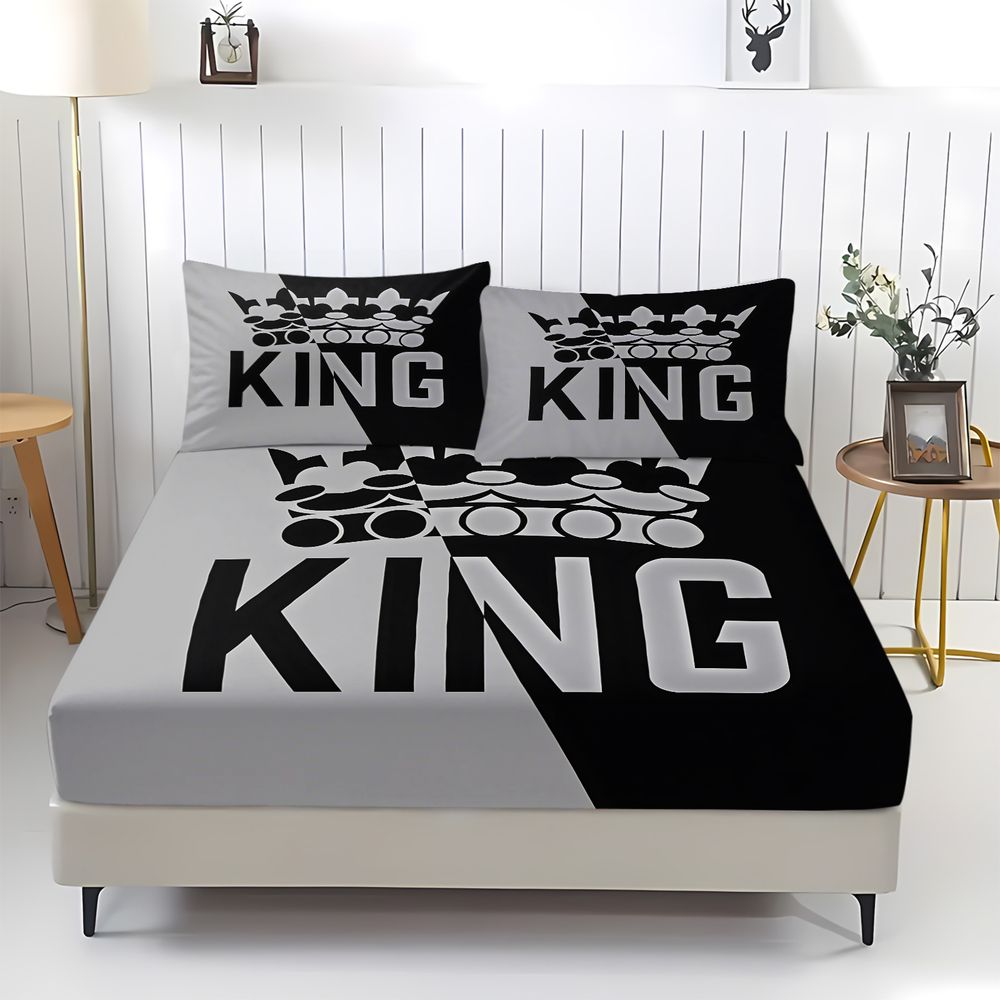 King Crown Graphic Print Fitted Sheet Set 1 Fitted Sheet + 2 Pillowcases Modern Bedding Set Soft Breathable Bed Room Decor
