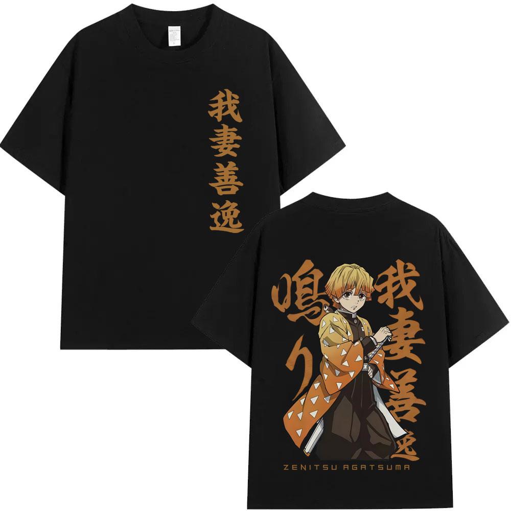 Anime Demon Slayer Agatsuma Zenitsu Double Sided Print T Shirt Men Women Fashion Oversized Short Sleeve Tshirts Male Streetwear