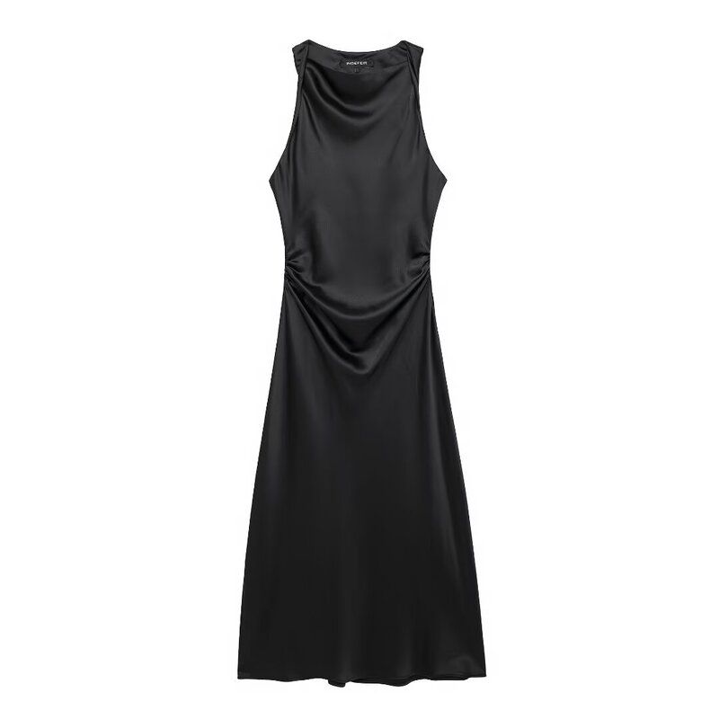 Fashion Style 2024 Summer New Arrival Women's Sleeveless Versatile Silk Satin Texture Midi Skirt Long Dress 2124305
