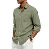Men’s Linen Long Sleeve Shirt with Classic Turn-Down Collar and Single Chest Pocket Casual Relaxed Fit for Spring and Autumn