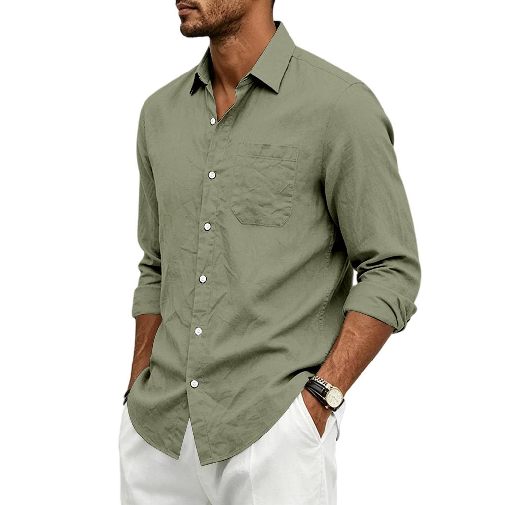 Men’s Linen Long Sleeve Shirt with Classic Turn-Down Collar and Single Chest Pocket Casual Relaxed Fit for Spring and Autumn