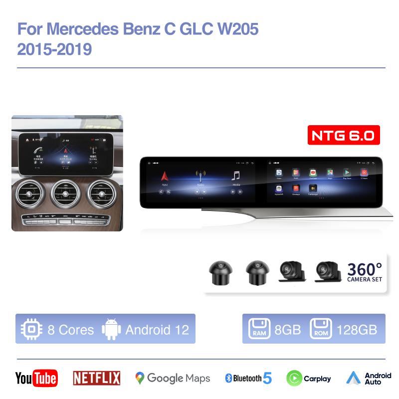 12.3inch Android12 Car Multimedia Video Player For Mercedes Benz C GLC W205 2015-2019 GPS Navigation CarPlay 4G 360Camera wifi