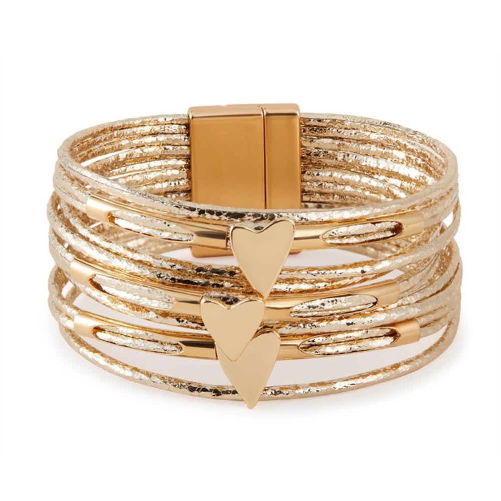 

Магнитная застежка Кожаный браслет Металлический многослойный браслет Браслет Сладкое сердце Подарок золотой