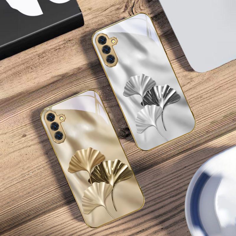 Luxurious Ginkgo Leaves For Samsung Galaxy S20 FE S21 S22 S23 Plus S24 Ultra 25Ultra S21+ S9+ S22Plus Golden glass phone case