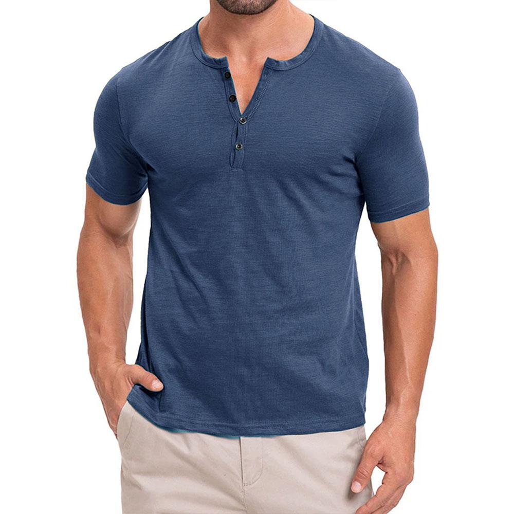 Summer New Men's Cotton T-shirt Button Design Short-sleeved Solid Color Henley Neck Tops Slim Fit Comfortable Casual Tees