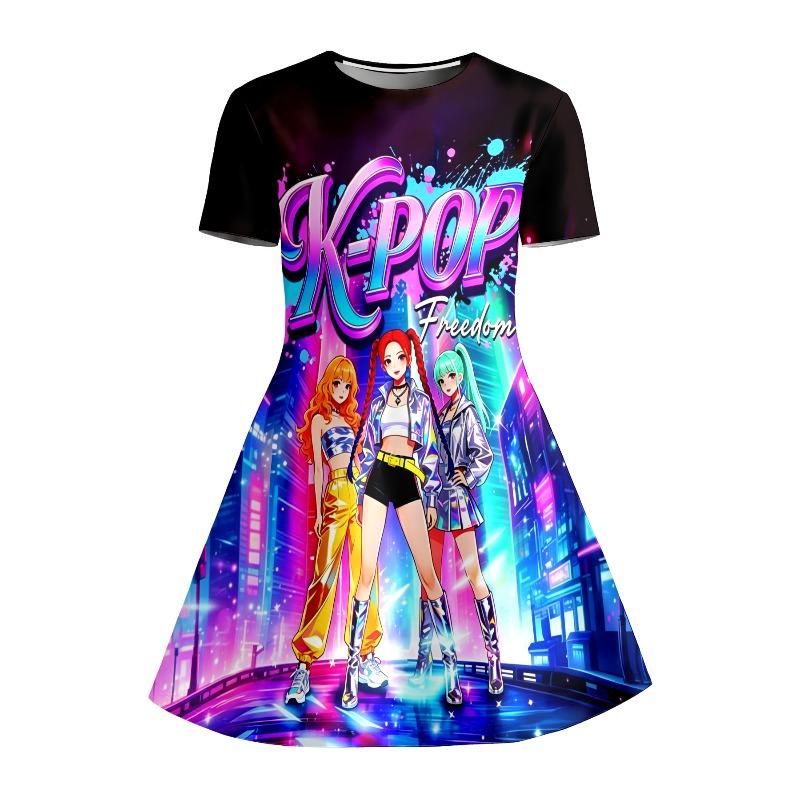 Black Neon Cartoon Printed Girls' Short Sleeved Casual Dress Summer Set Soft and Breathable Suitable for Birthday Gifts