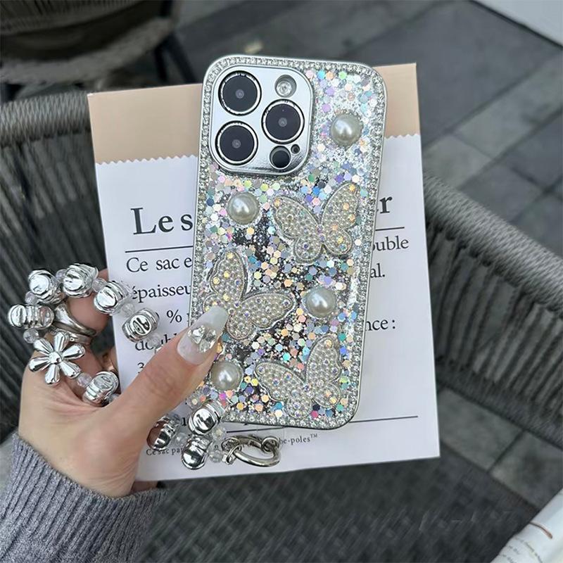 Klebe Pailletten Perle Schmetterling Handyhülle für IPhone17promax Feines Loch Linse Sturzsicher für Apple 16 Weiblich