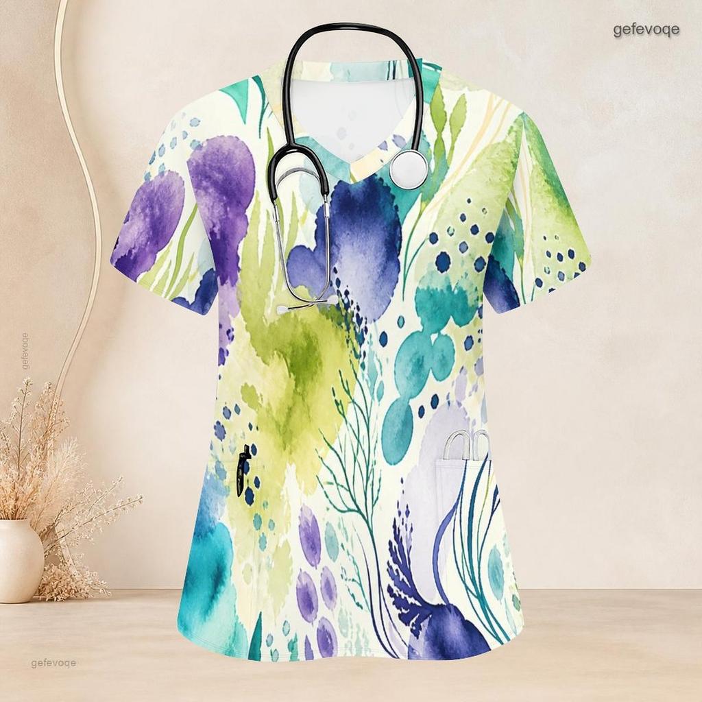 Women Plus Size Watercolor Floral Printed Nurse Scrub Top V Neck Short Sleeve With Front Pockets