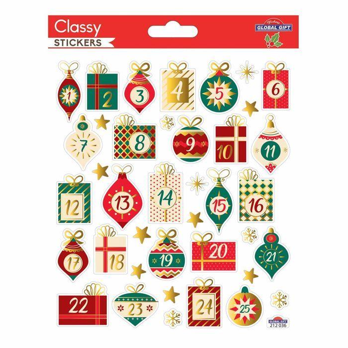 Stickers Calendrier de l'Avent - GLOBAL GIFT - Décoration de fête - Rouge - 15 x 17 cm - Autocollants Noël