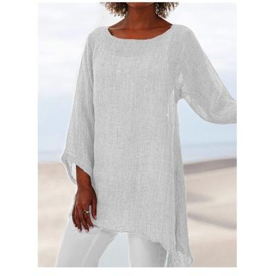 Camiseta Casual de Algodón Lino Puro de Color Sólido de Manga Larga Irregular para Mujer