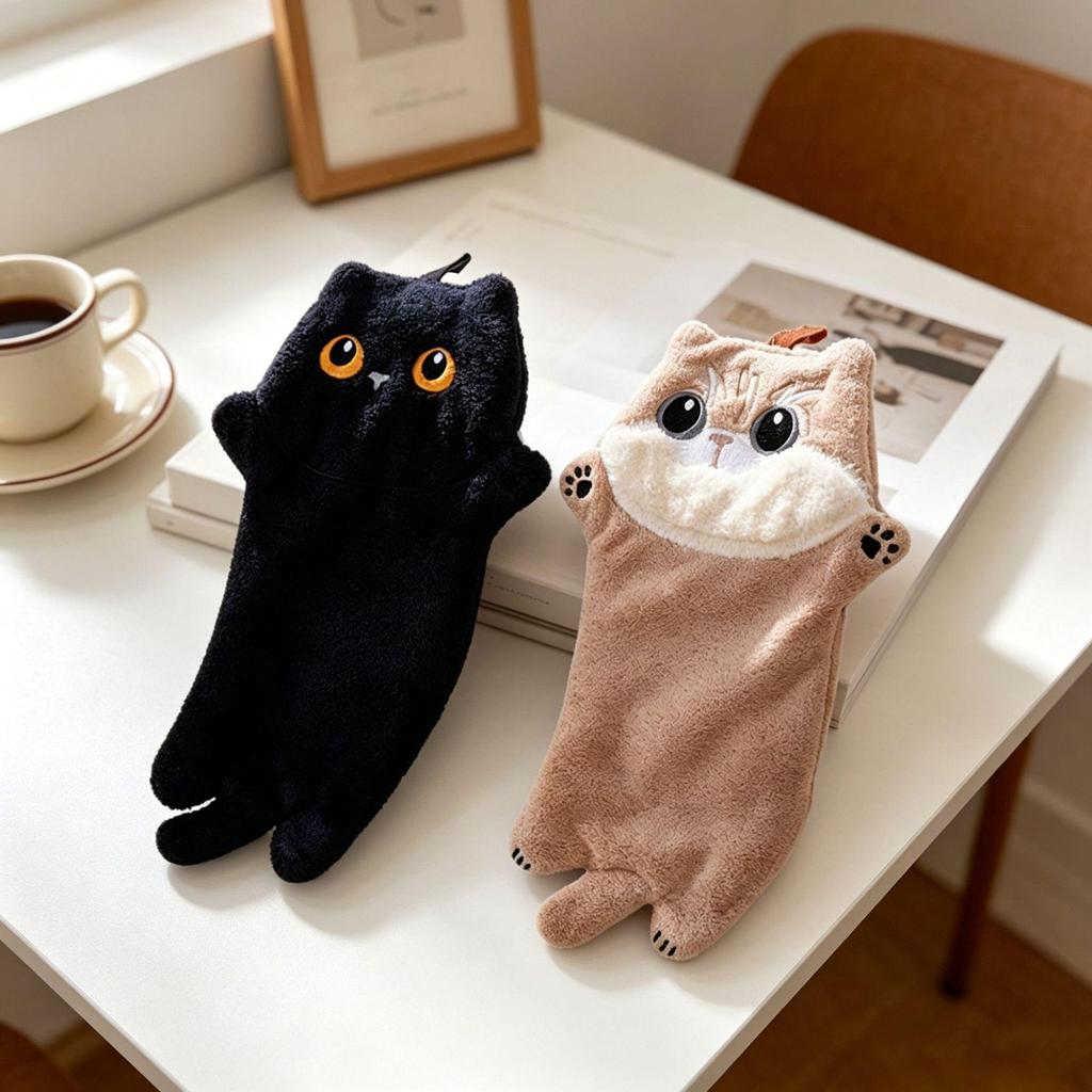 Wall-Mounted Black Cat Coral Fleece Hand Towel - Thick, Absorbent, Cute for Kitchen, Bathroom, Kids' Spaces.
