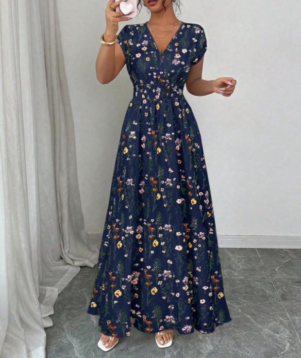 Floral Print V Neck Long Dress With Belt For Summer Casual Womens Wear
