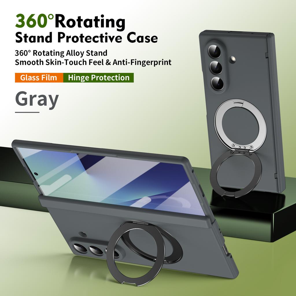 For Samsung Galaxy Z Fold 7 6 5 Phone Case with Tempered Glass, Rotating Magnetic Alloy Stand, Fingerprint Resistant