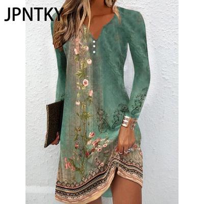 Vestidos Casuales de Moda JPNTKY para Mujer Otoño Invierno Estampado Floral Manga Larga Cuello en V