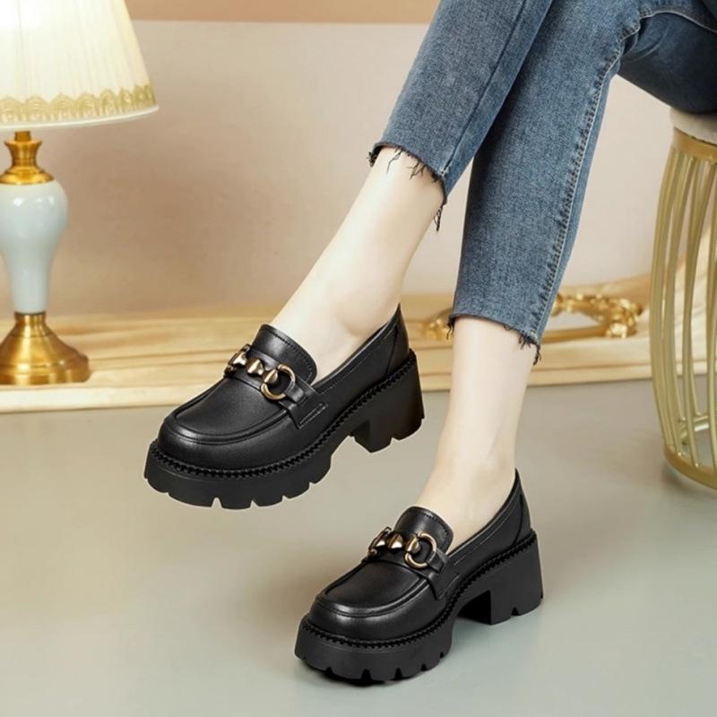 

2023 Женские туфли лоферы из натуральной кожи в винтажном британском стиле, на толстой подошве, увеличивающие рост, слипоны 37 чёрный