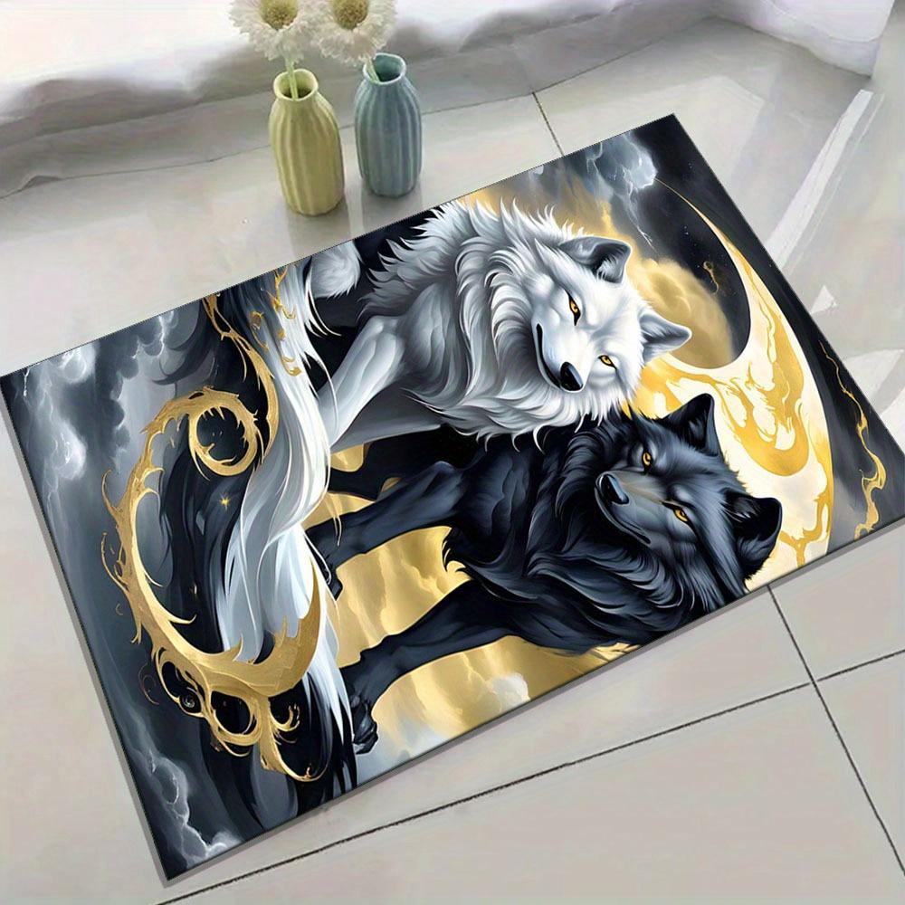 Wolf Rug - Dual Wolf Design with Golden Accents, Non-Slip Backing,  Crystal Velvet Area Rug for Living Room, Bedroom, Off