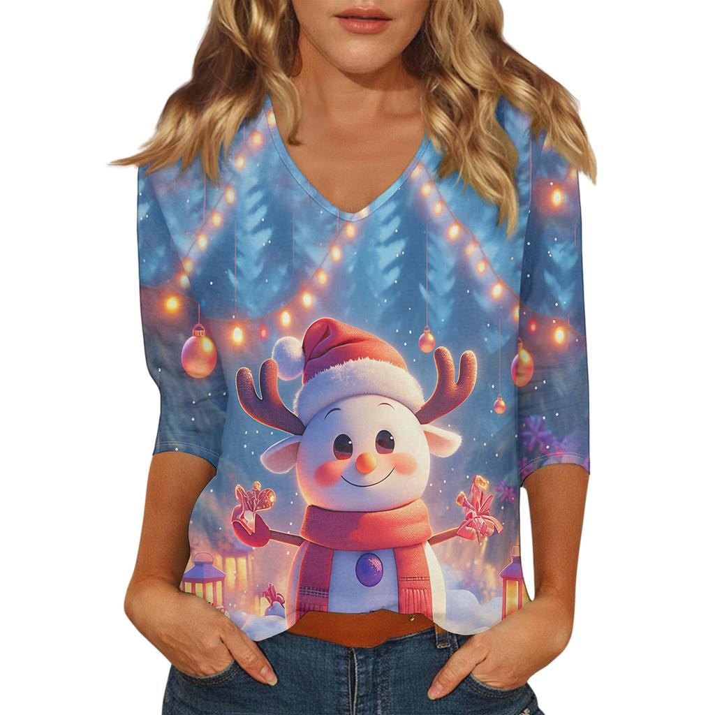 Dámský vánoční potištěný módní ležérní top se sedmiosminovými rukávy a výstřihem do V