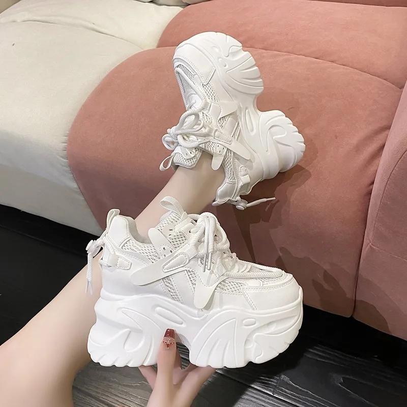 Fashion 9.5cm Autumn Spring Chunky Sneakers Women Lace Up Non-slip Platform Sports Shoes Thick Bottom Shoes Female Heels Casual Sneakers